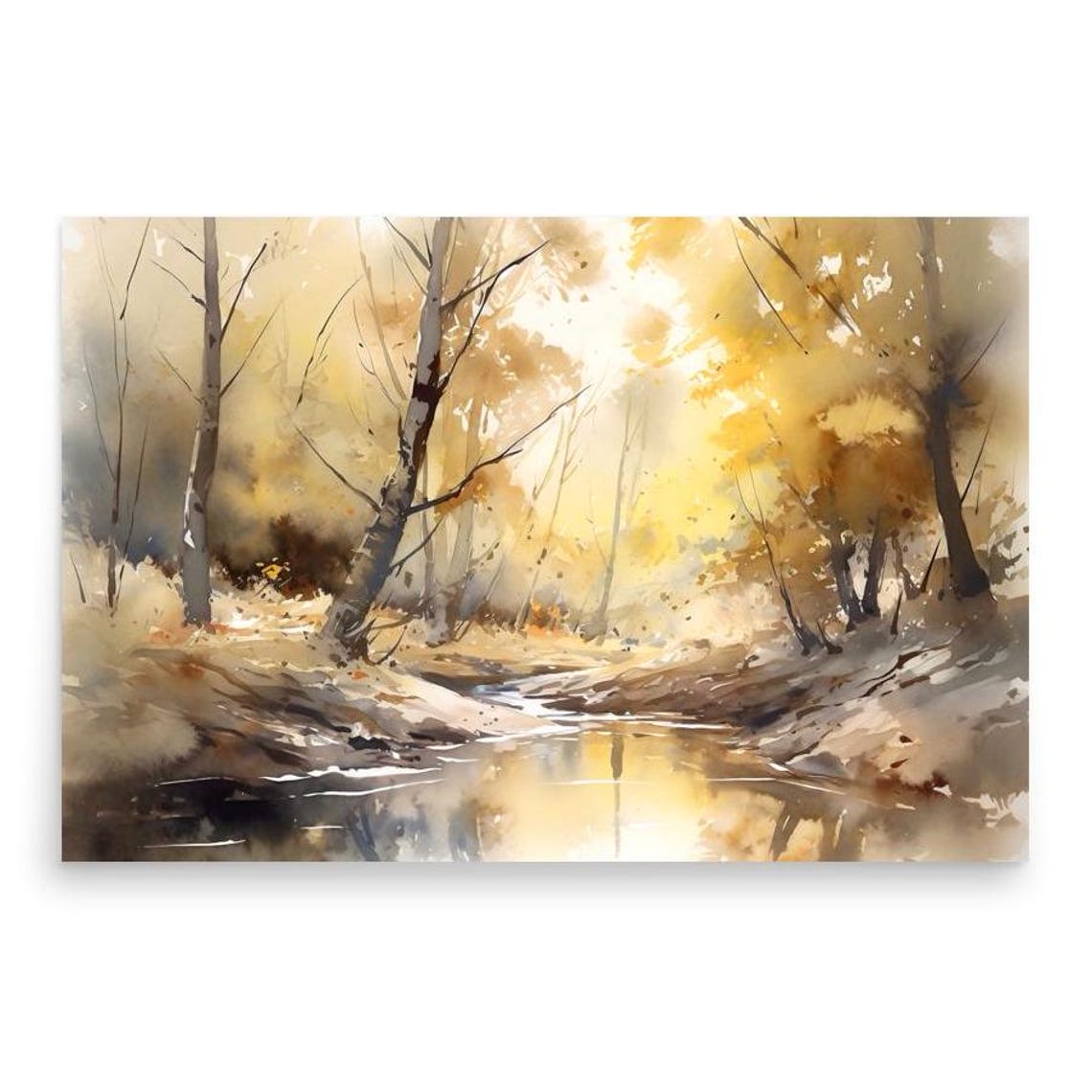 Golden Autumn Birch Trees Calm River Sunlight Watercolor Nature Poster - Image 5