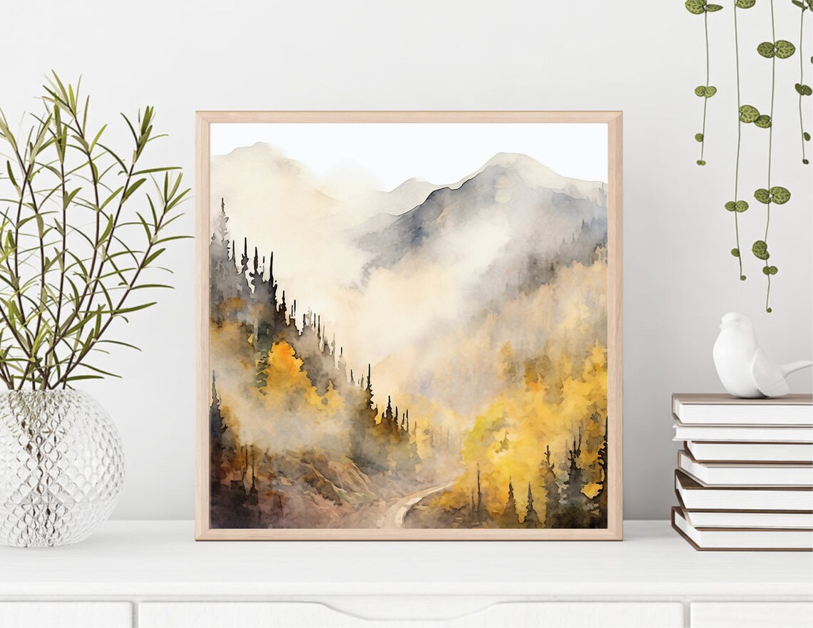 Autumn Misty Mountains Golden Aspen Watercolor Art Scene Poster - Image 3