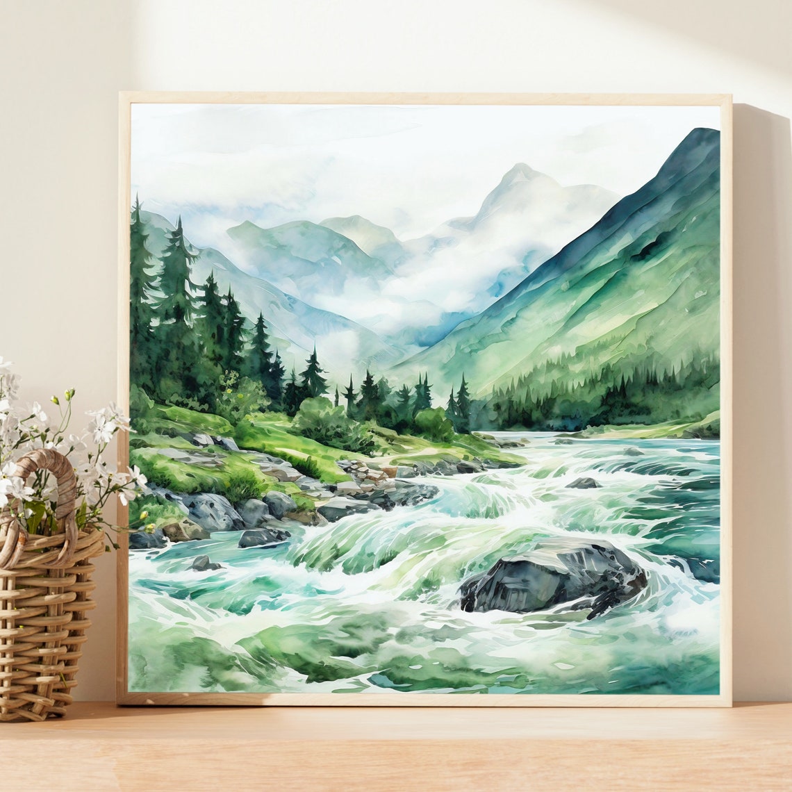Green Mountain Valley Rushing River Rapids Watercolor Wall Art - Image 3