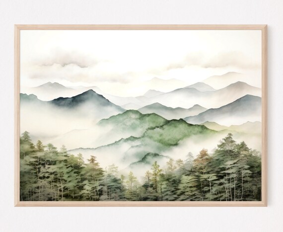 Great Smoky Mountains Misty Ridges Pine Forest Watercolor Poster