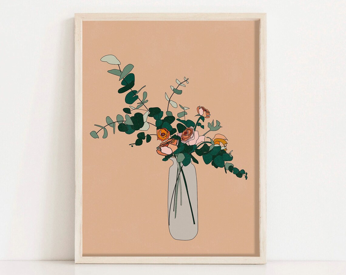 Terracotta Floral Bouquet Vase Eucalyptus Roses Minimalist Poster