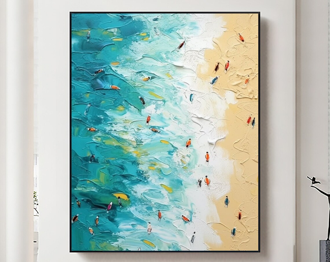 Aerial Turquoise Beach With Colorful Surfers Oil Painting Poster
