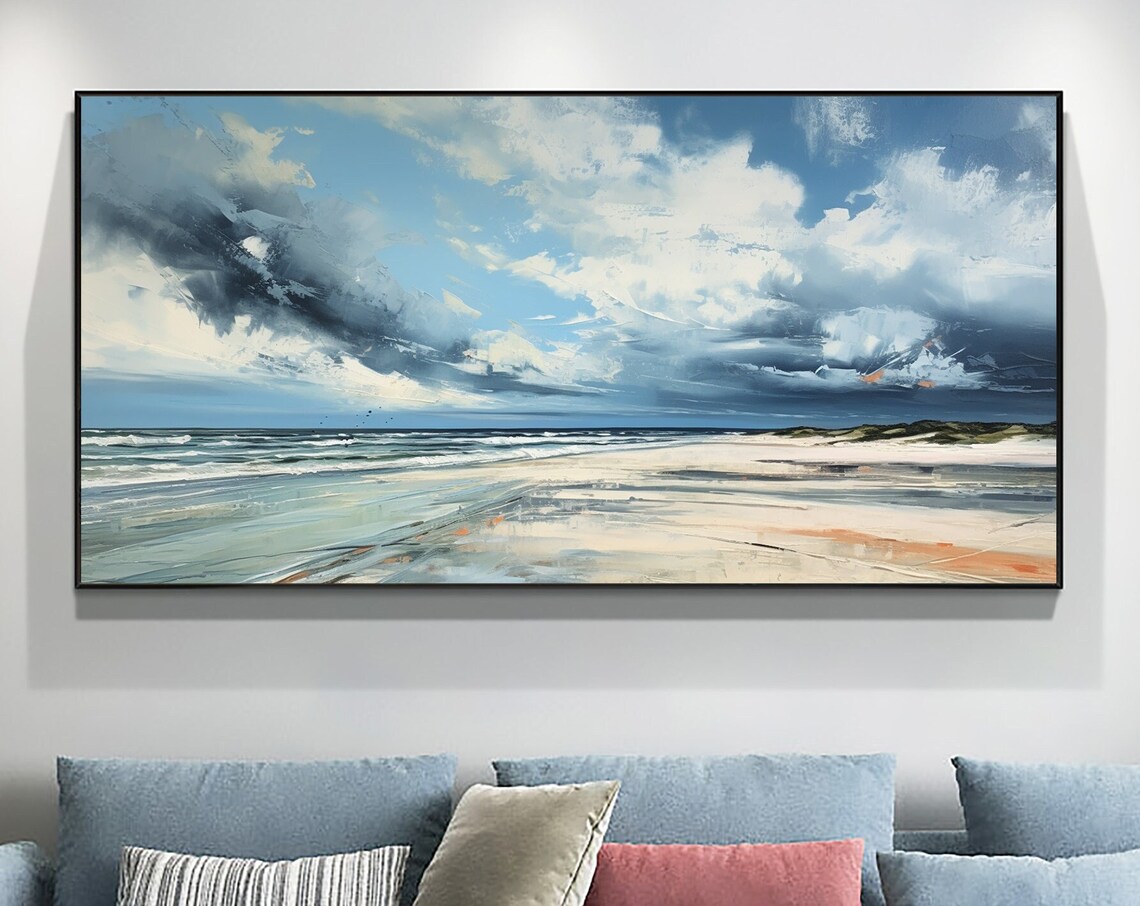 Ocean Landscape Oil Painting, Modern Beach Art Print