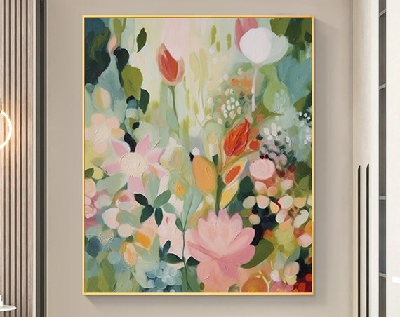 Green Flowers Oil Painting, Abstract Boho Floral Art Print
