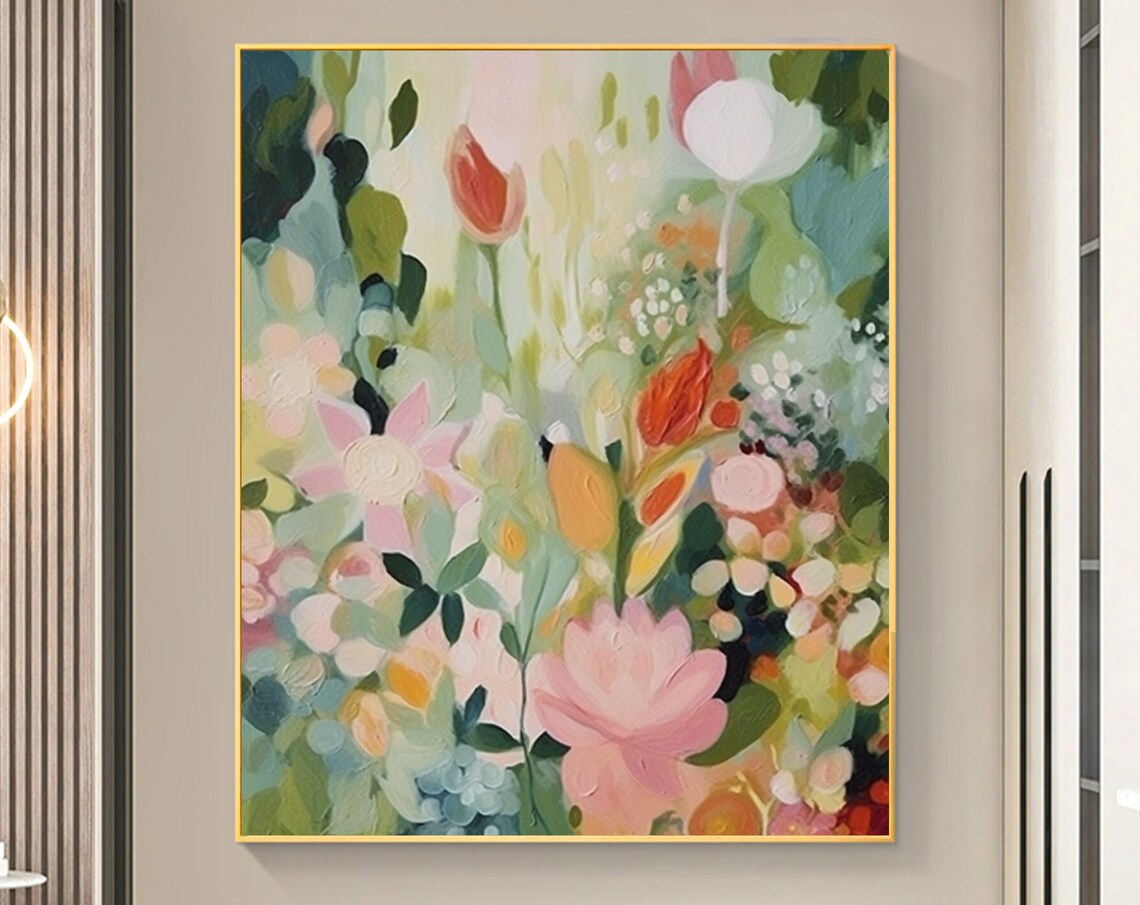 Green Flowers Oil Painting, Abstract Boho Floral Art Print