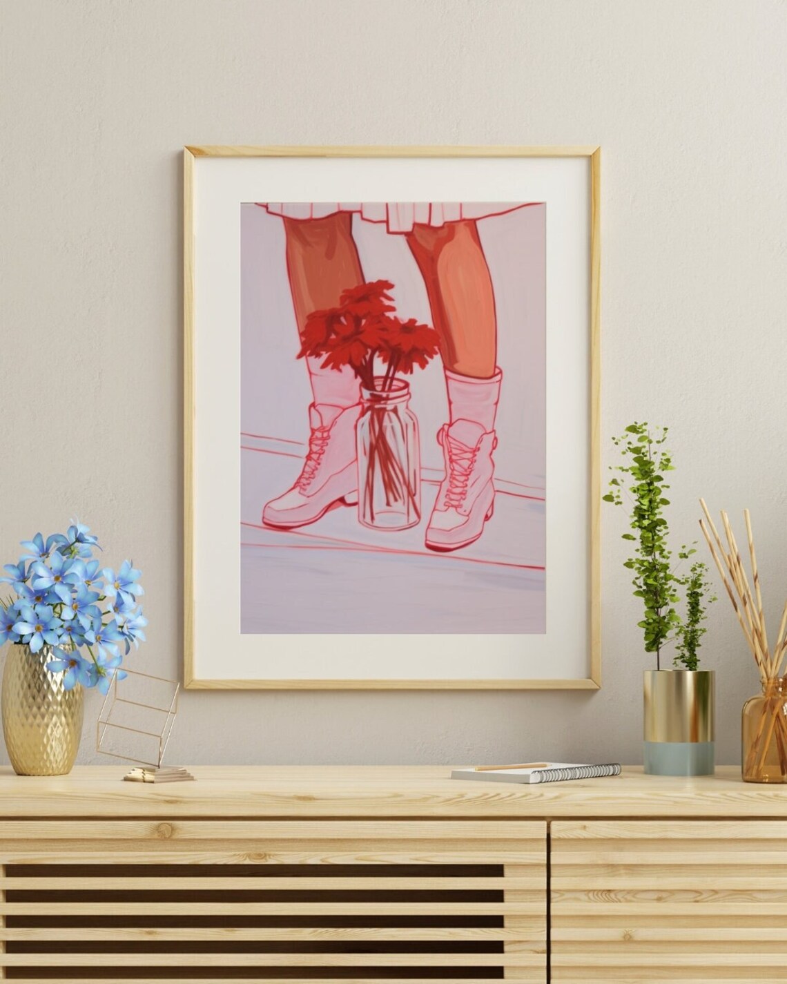 Pink Cowgirl Boots Red Flowers Fashion Illustration Art Poster