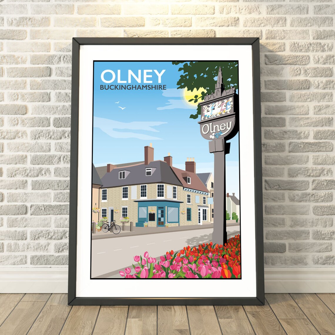 Olney Buckinghamshire Historic Town Street Tulips Charming Travel Poster