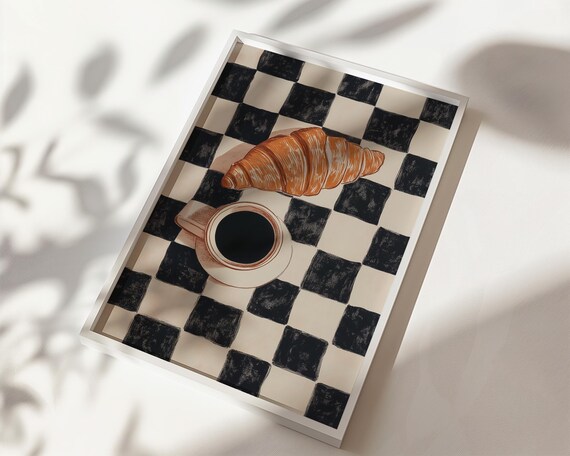 Coffee And Croissant Checkerboard Art Print Retro 80s Kitchen Wall Decor