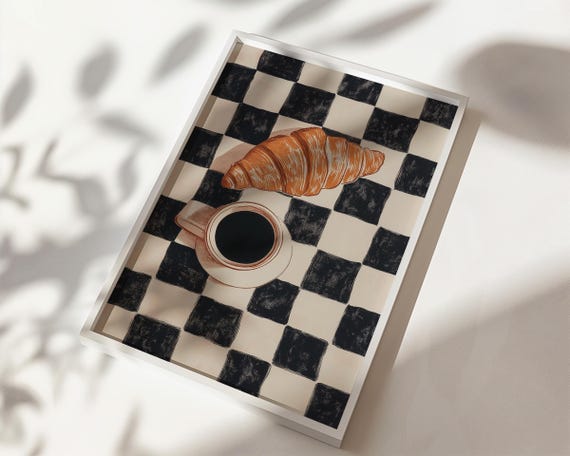 Coffee And Croissant Print Funky 80s Kitchen Checkered Cup Wall Art