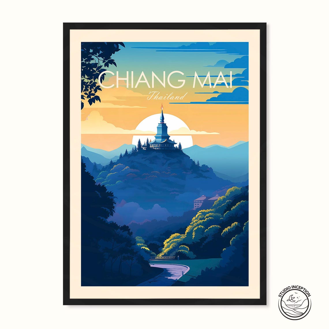 Chiang Mai Thailand Temple Hill Sunset Mountain View Travel Poster