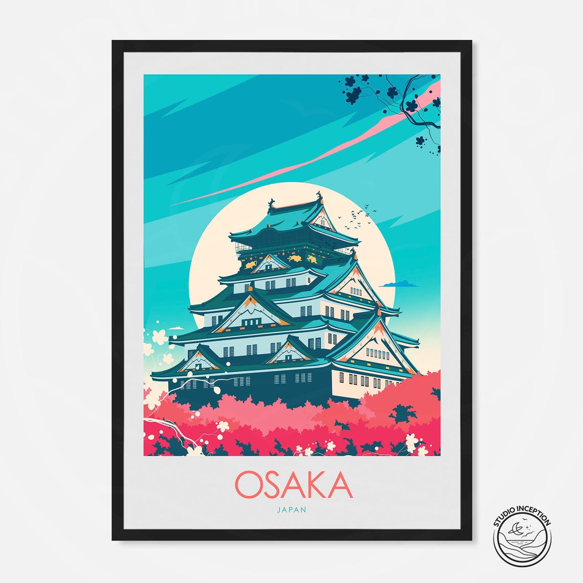 Osaka Japan Osaka Castle Cherry Blossom Full Moon Travel Poster