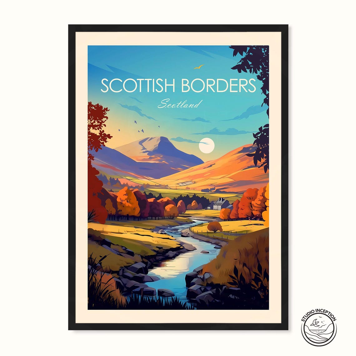 Scottish Borders Scotland River Valley Autumn Hills Travel Poster