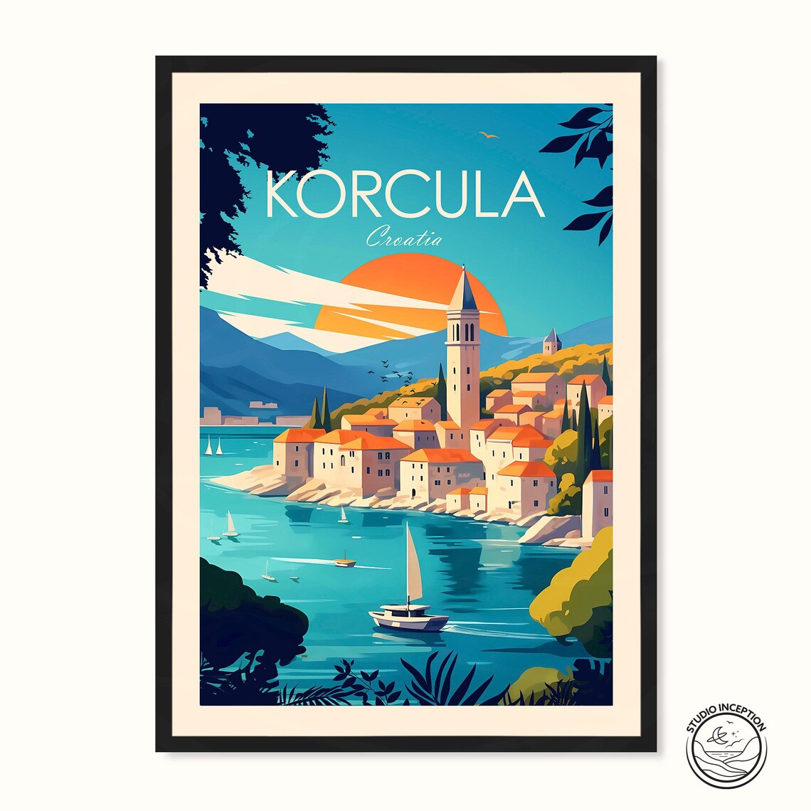 Korcula Croatia Adriatic Old Town Sailboat Sunset Travel Poster