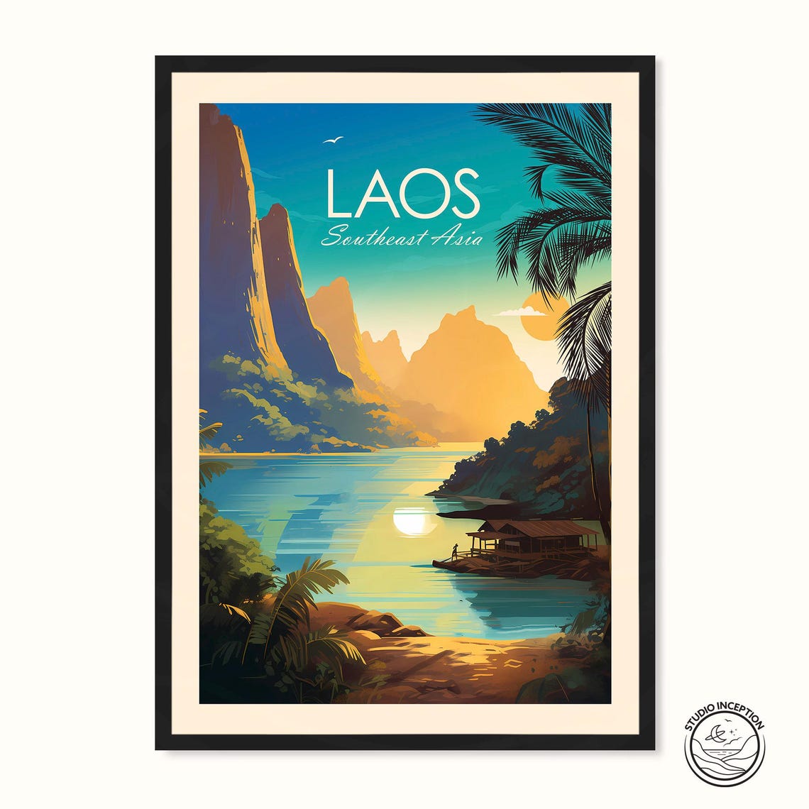 Laos Southeast Asia River Karst Mountain Sunset Travel Poster