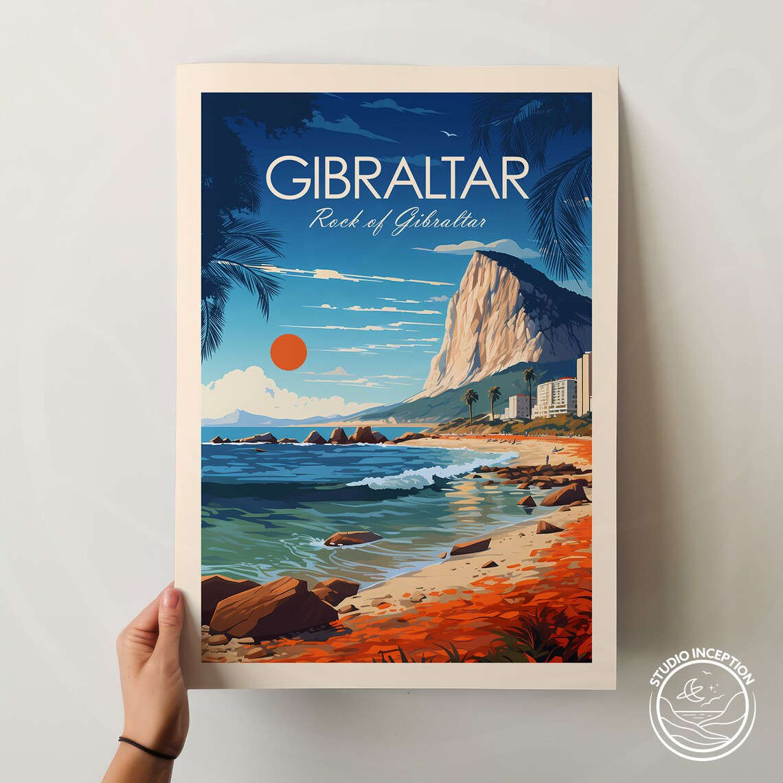 Gibraltar Rock of Gibraltar Beach Sunset Traditional Travel Poster - Image 2