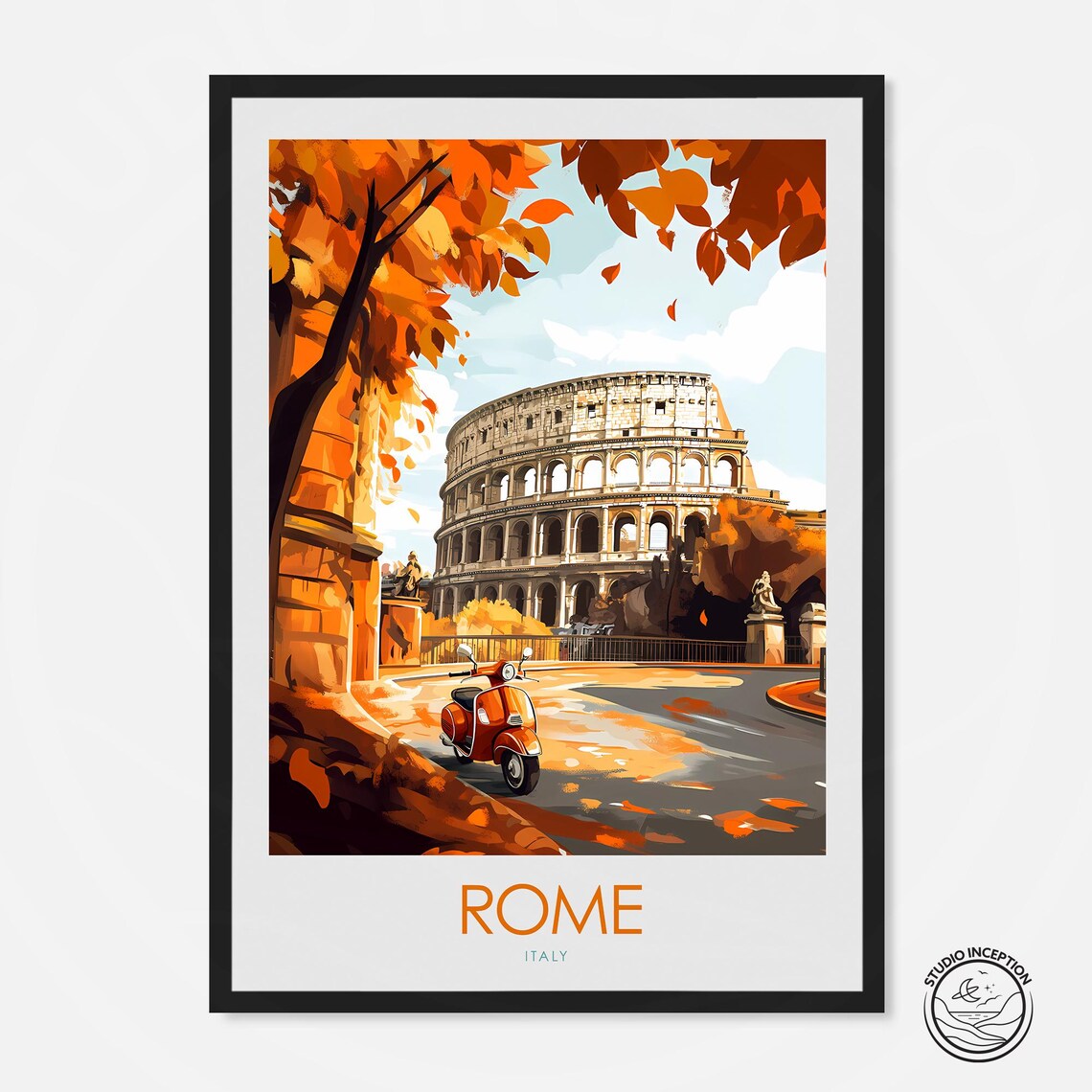 Rome Italy Colosseum Autumn Red Vespa Street Vintage Travel Poster