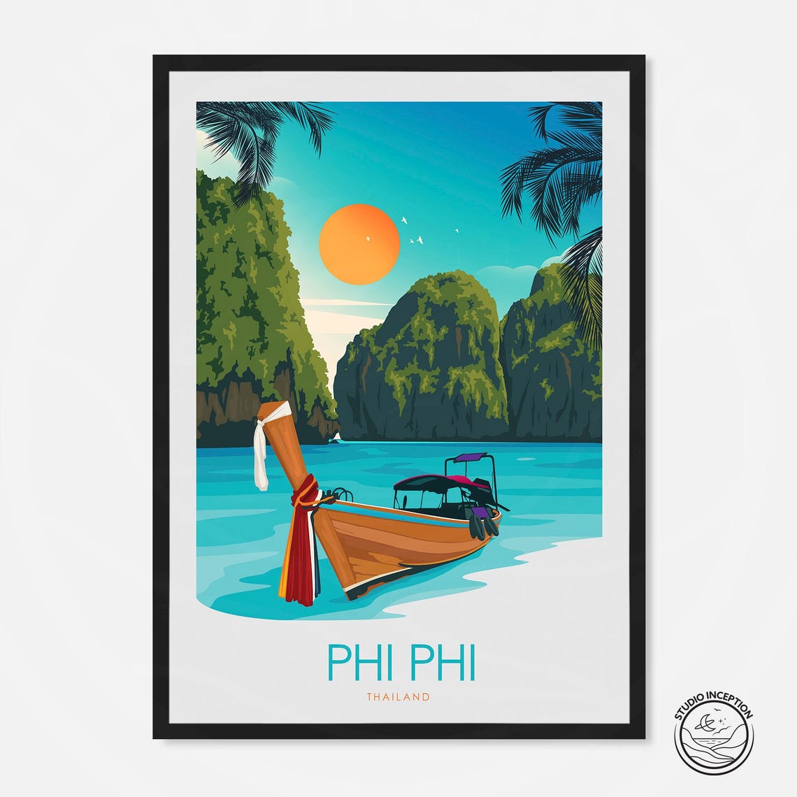 Phi Phi Thailand Longtail Boat Karst Cliffs Vintage Travel Poster