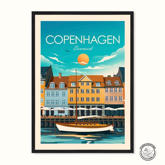Copenhagen Travel Poster, Denmark Cityscape Print