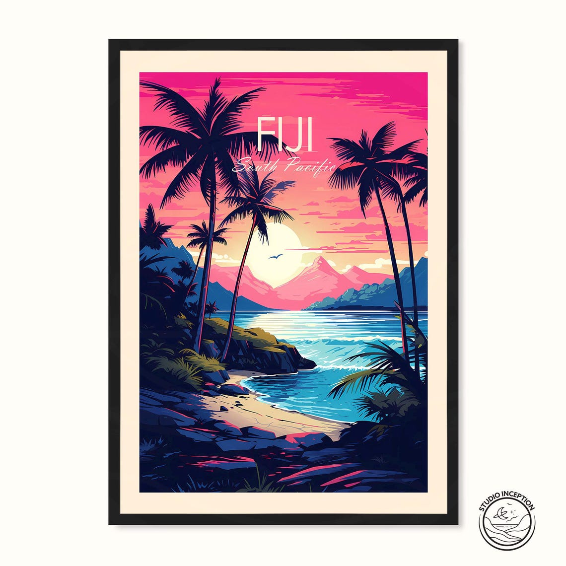 Fiji Illustrated Print South Pacific Travel Art Fiji In Pink And Blue Framed Travel Poster Custom Travel Art Perfect For Unique Gifting