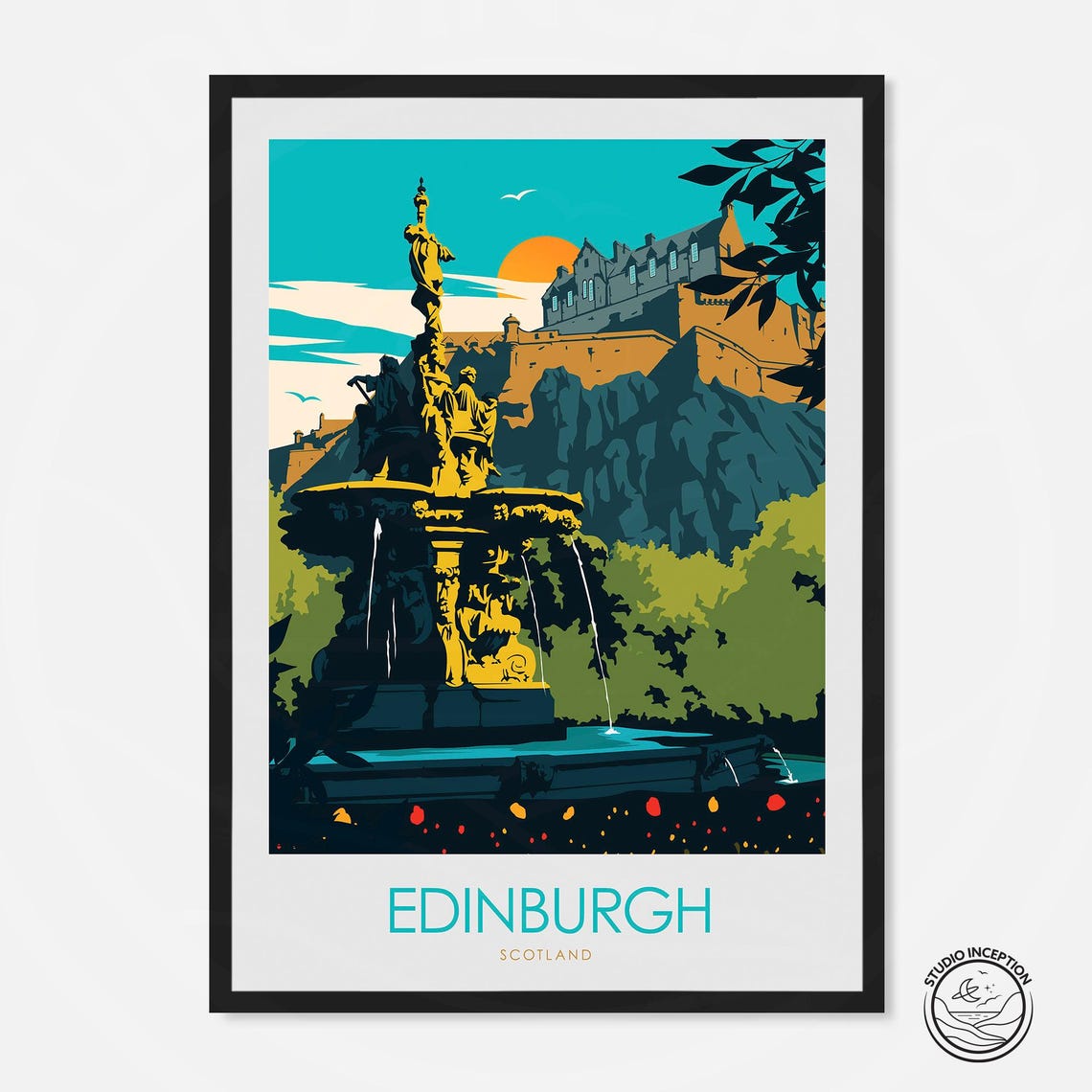 Edinburgh Scotland Castle Fountain Princes Street Garden Poster