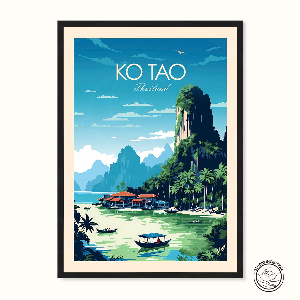 Ko Tao Thailand Tropical Bay Longtail Boats Island Travel Poster