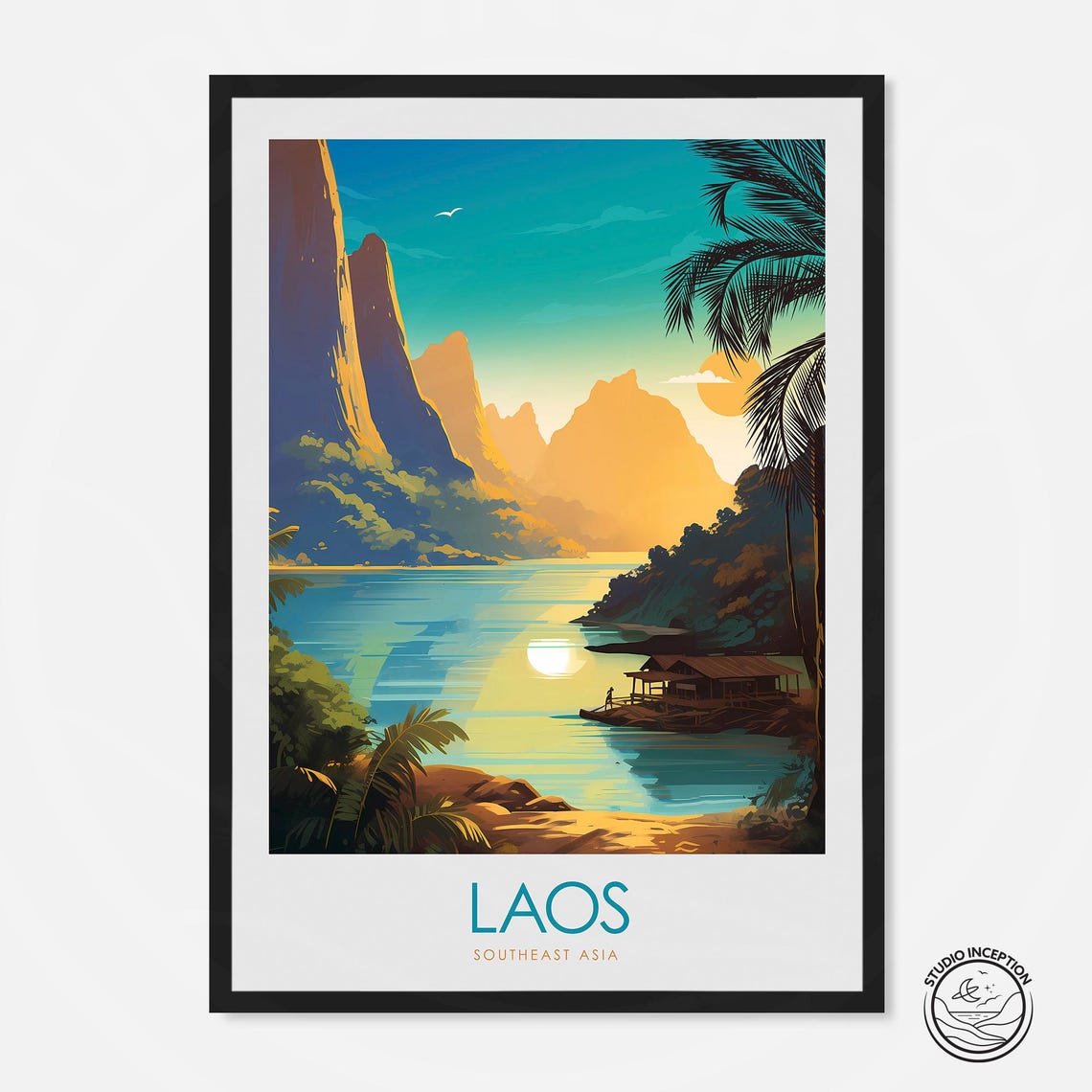 Laos Southeast Asia Karst Mountain River Village Sunset Poster