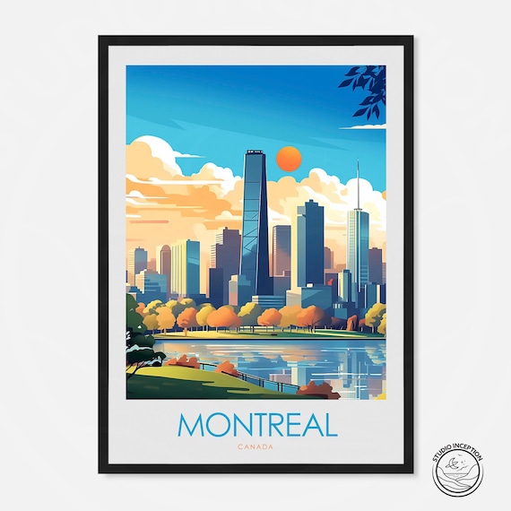 Montreal Canada Skyline Lake Park Sunset Vintage Travel Poster
