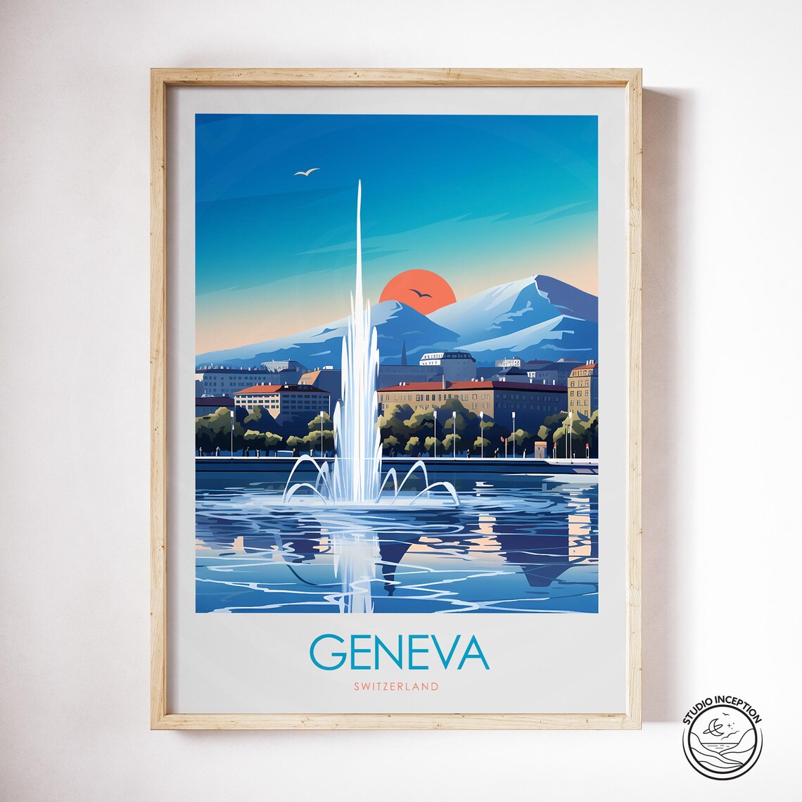 Geneva Switzerland Water Fountain Lake Sunset Mountain View Poster - Image 3