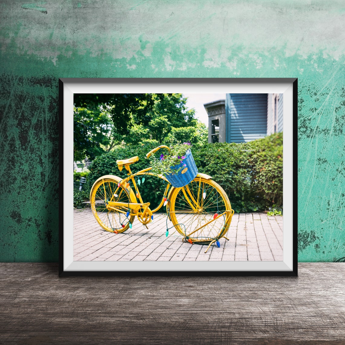 Cheerful Yellow Bicycle With Flower Basket And String Lights Poster