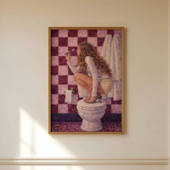 Girl In Restroom Toilet Oil Painting Print Ruby Pink Girly Bathroom Wall Art Hand Drawn Mid Century Retro Decor Poster