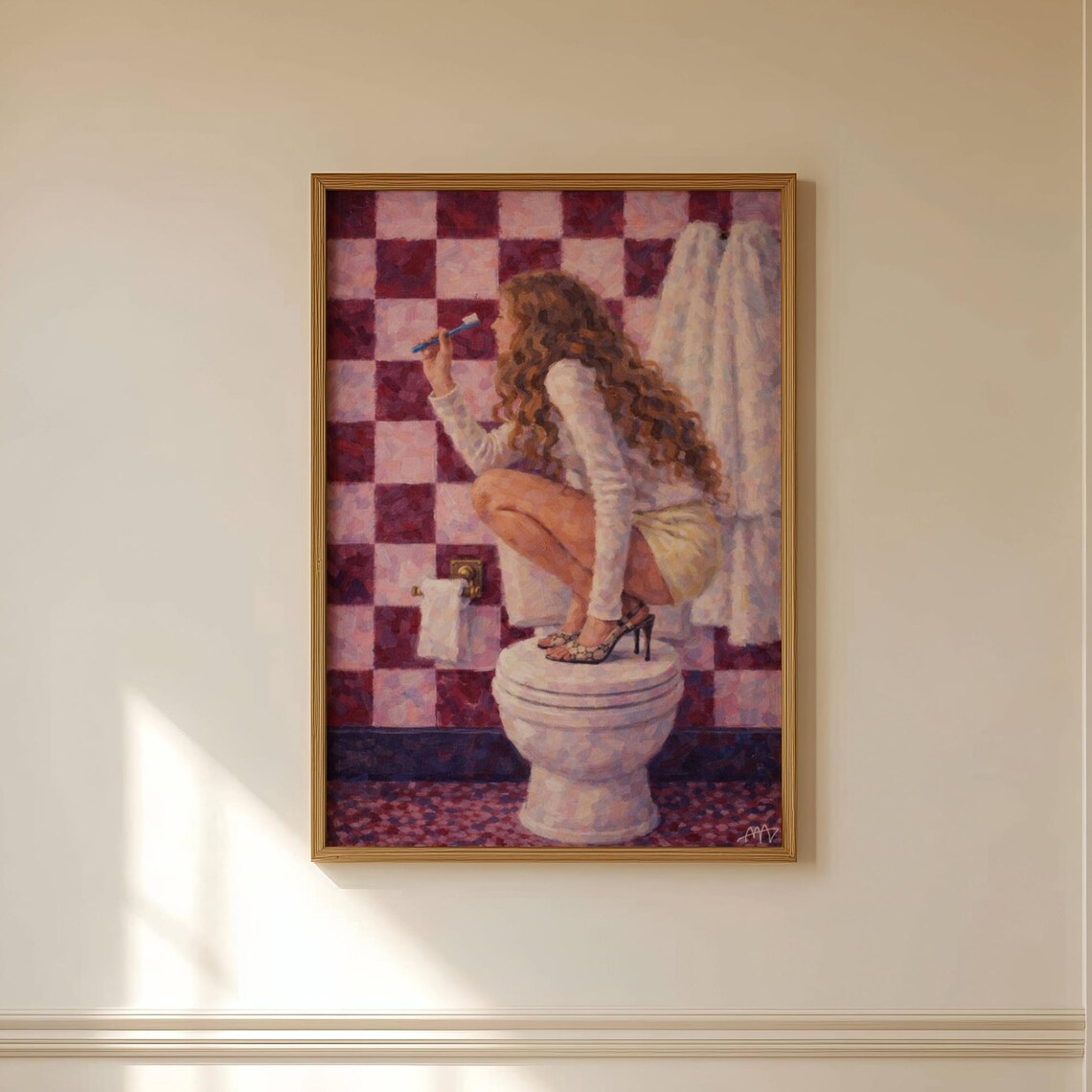 Girly Ruby Pink Tiled Bathroom Girl On Toilet Brushing Teeth Art Poster