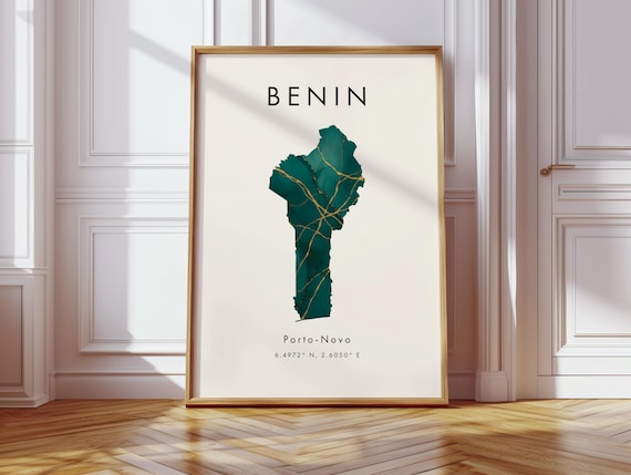 Benin Map Poster Green And Gold Africa Wall Art Print Home Decor Geography Gift Wallpaper