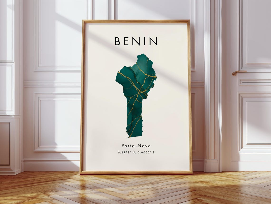 Benin Map Poster in Emerald and Gold with Porto Novo Coordinates