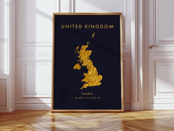 United Kingdom Map Poster Gold Europe Wall Art Print Home Decor Geography Gift Wallpaper