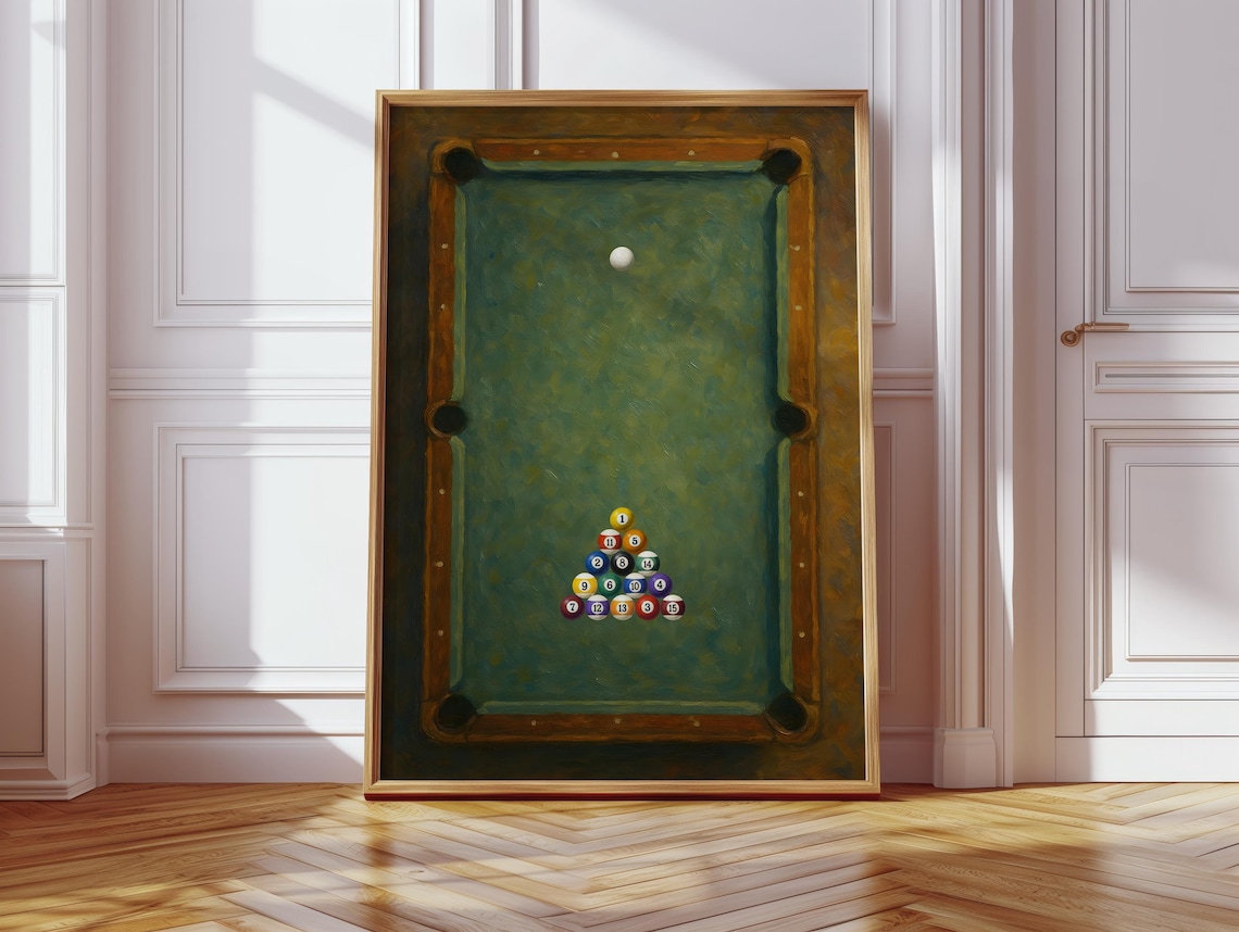 Vintage Billiards Pool Table Overhead Oil Painting Style Sports Poster