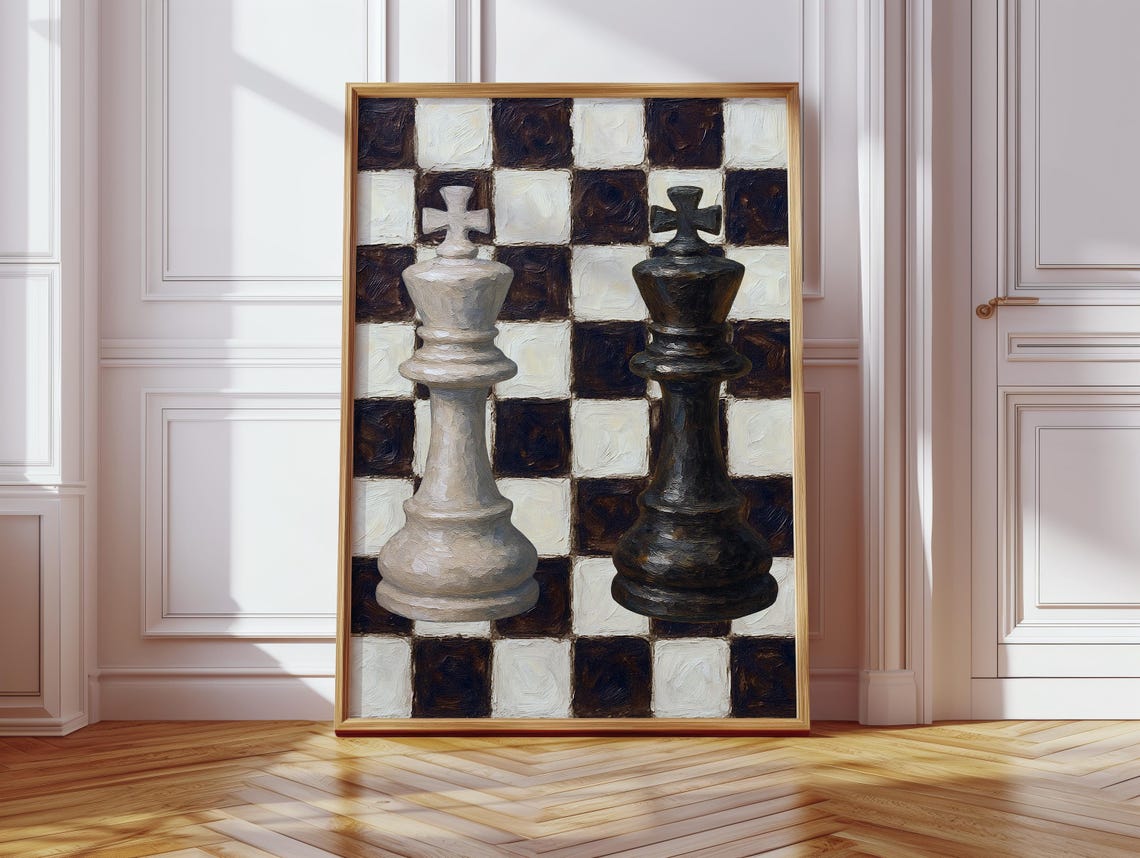 Chess King Pieces Black And White Checkered Board Oil Painting Poster