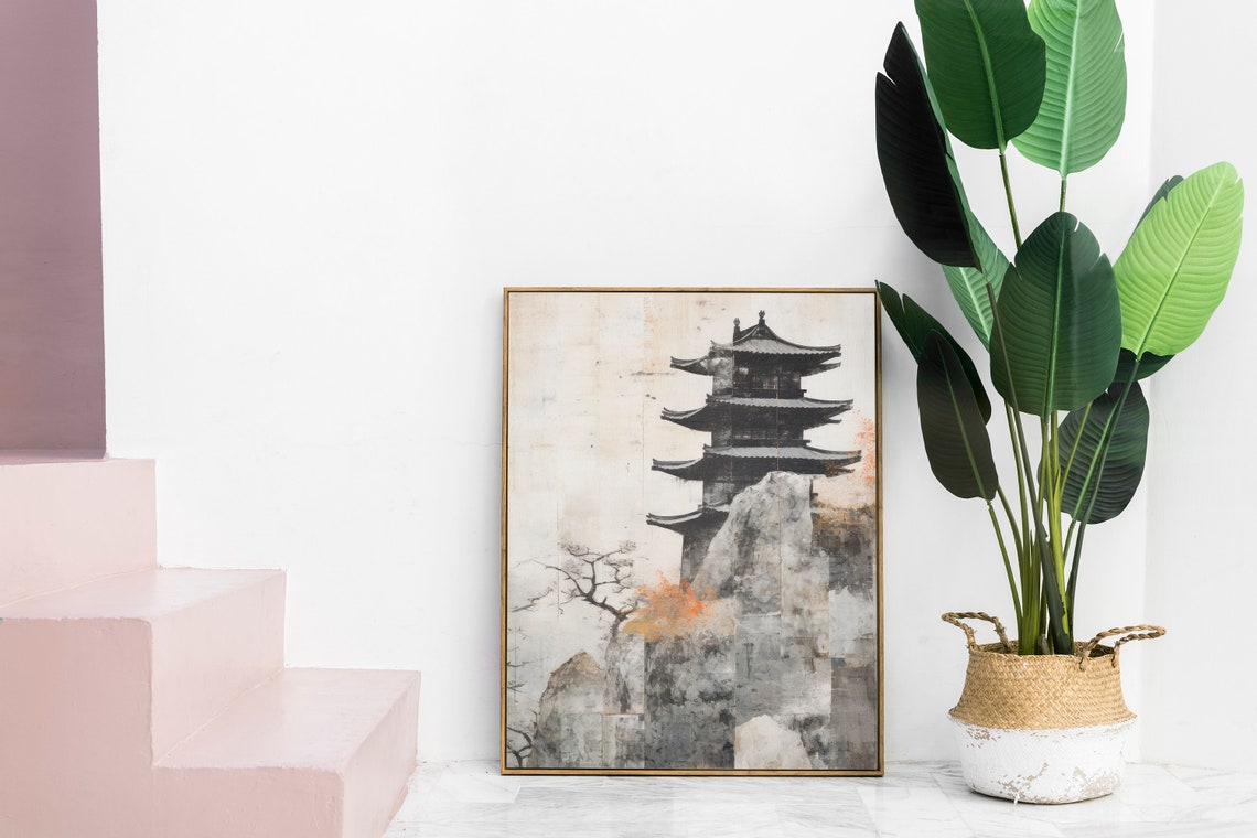 Ancient Japanese Gray Pagoda on Cliffside Sumi Ink Art Poster - Image 3