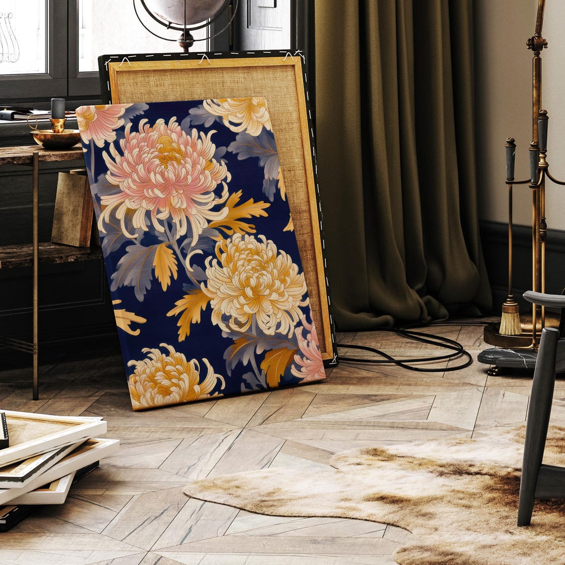 Chrysanthemum Kimono Floral Pattern Navy Botanical Art Print - Image 2