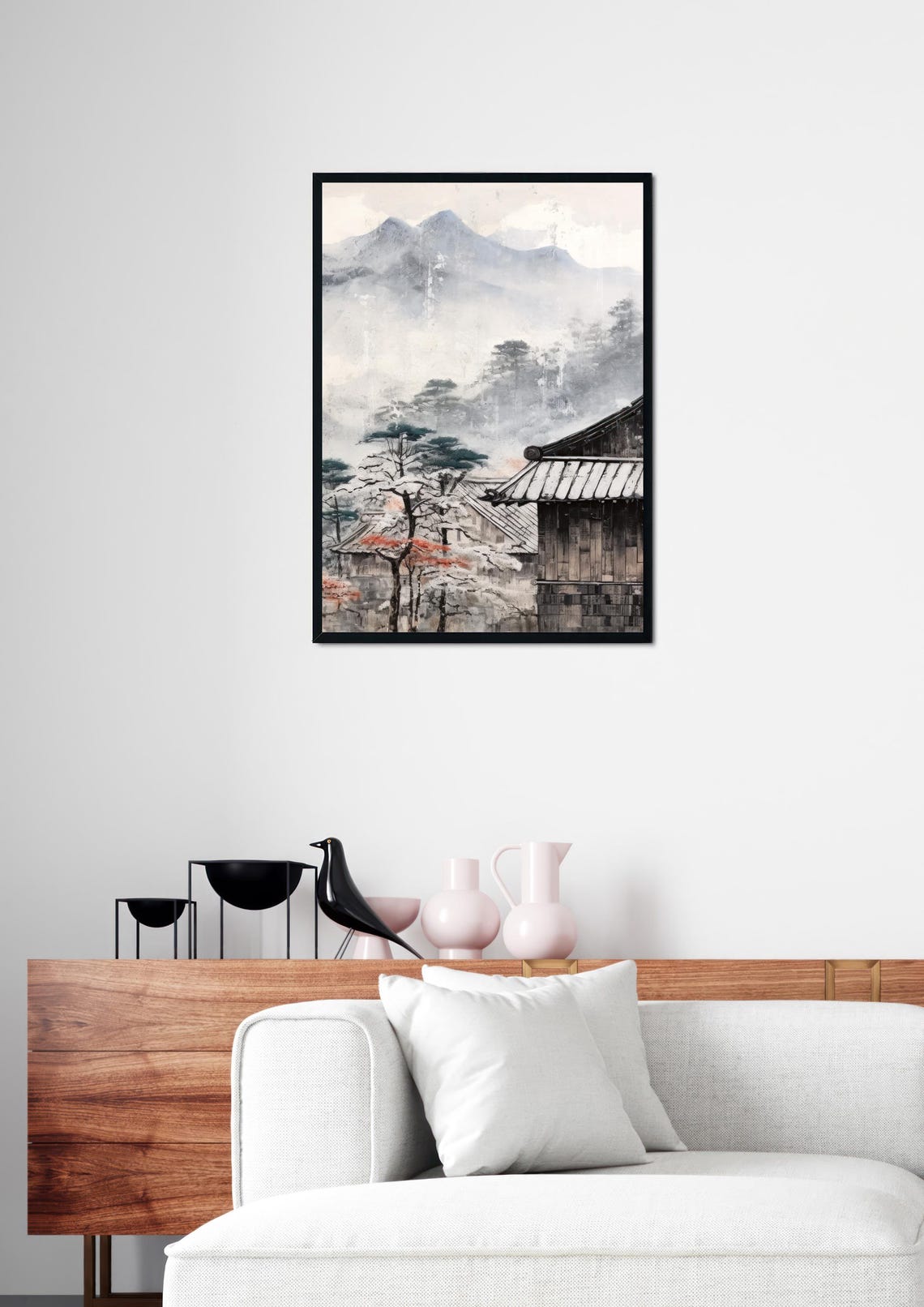 Japanese Ink Painting Misty Mountains Village Rooftops Zen Poster - Image 2