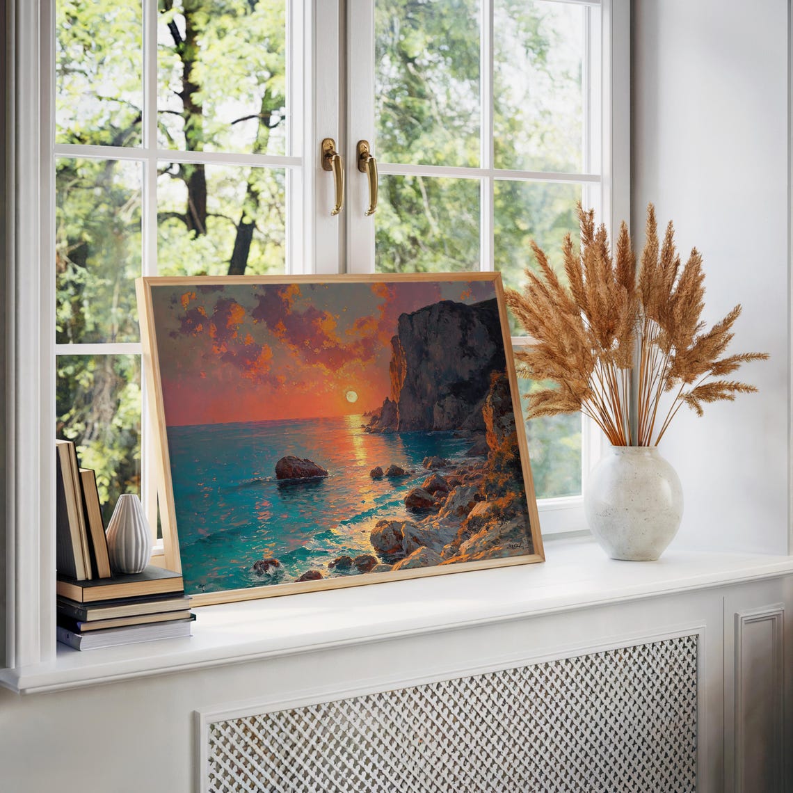 Impressionist Ocean Sunset Rocky Cliff Teal Seascape Art Poster