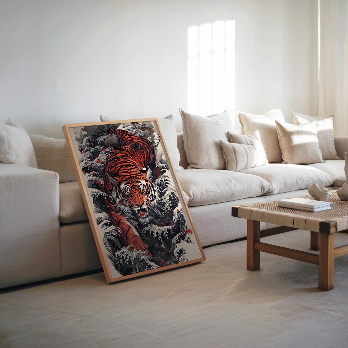 Vintage Japanese Tiger Great Wave Bold Ink Woodblock Art Poster