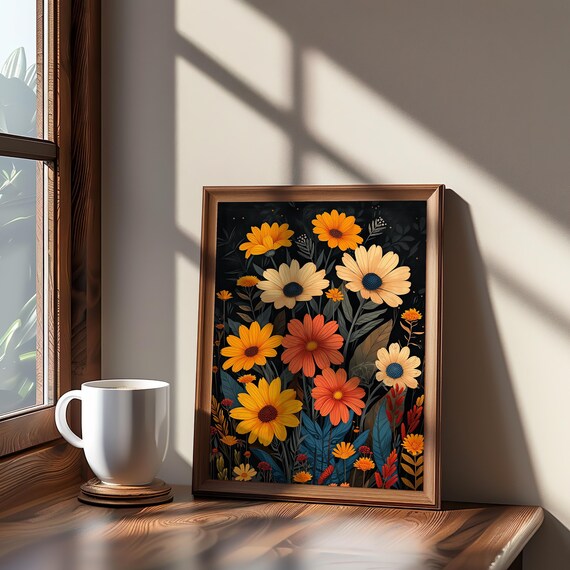 Psychedelic Floral Daisies Warm Autumn Tones Dark Botanical Poster