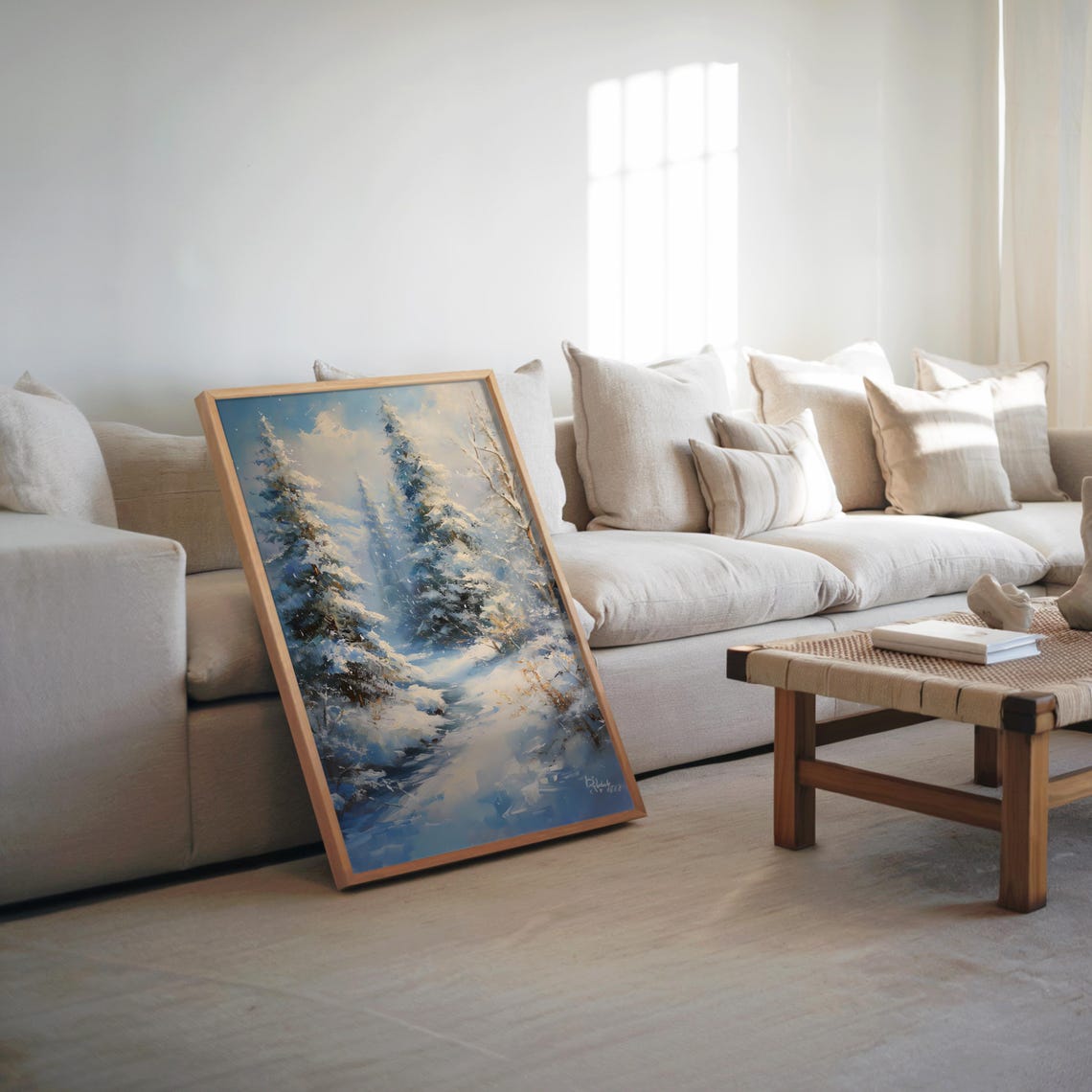 Snowy Pine Forest Sunlit Winter Path Photorealistic Art Poster