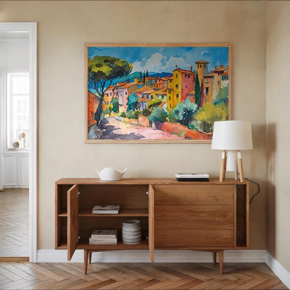 Modernist Expressionism Watercolor Street Scene Vibrant Muted Colors Gouache Art Poster Wall Decor Home Office Accent Unique