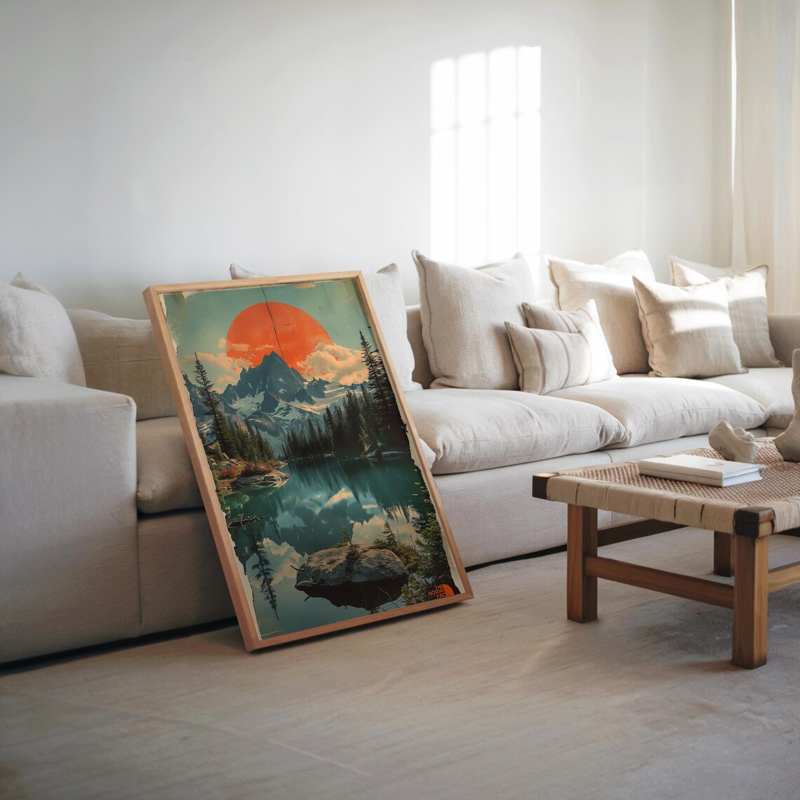 Warm Midcentury Mountain Lake Red Sun Retro Travel Style Poster