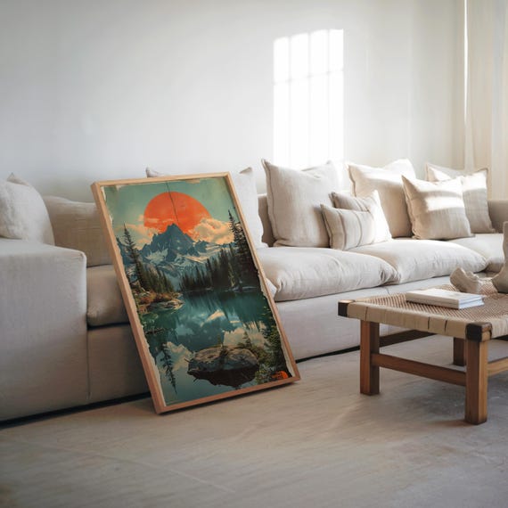 Midcentury Modern Mountain Lake Art Warm Vibrant Colors Retro Cinematic Vibe Collage Poster Wall Home Decor