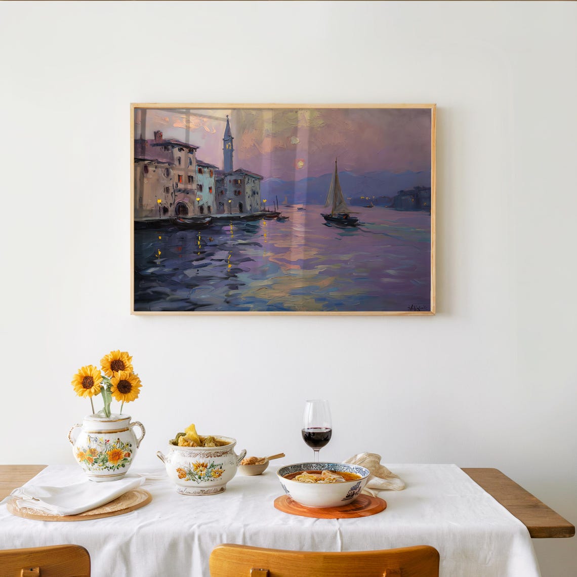 Harbor At Dusk With Church Tower And Sailboat Impressionist Poster