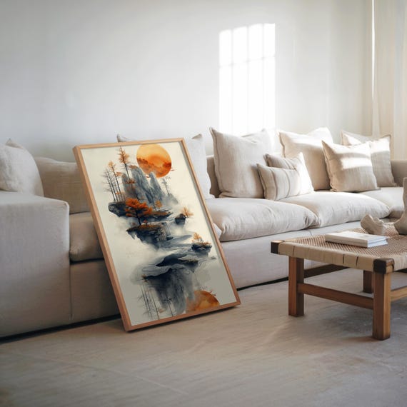 Mountain Vista Brutalist Art Watercolor Poster Photorealistic Warm Toned Print Monochrome Nature Scene