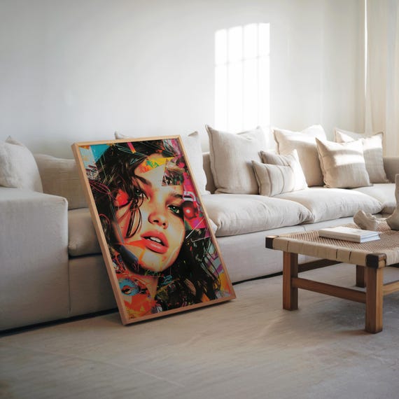 Vibrant Maximalist Pop Art Woman With Cell Phone Neon Retro Collage Glossy Poster Print Colorful Wall Decor