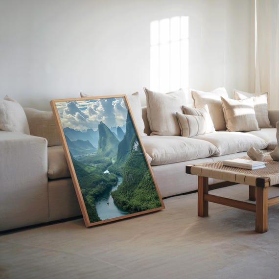River Valley Landscape Photorealistic Art Impressionism Painting Earthy Tones Mountain Scenery Nature Poster Wall